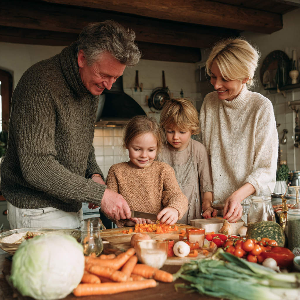 Middle-aged family preparing natural immune-boosting meal together