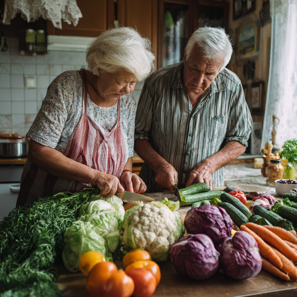 Older adults preparing immune-supporting herbs and vegetables in kitchen